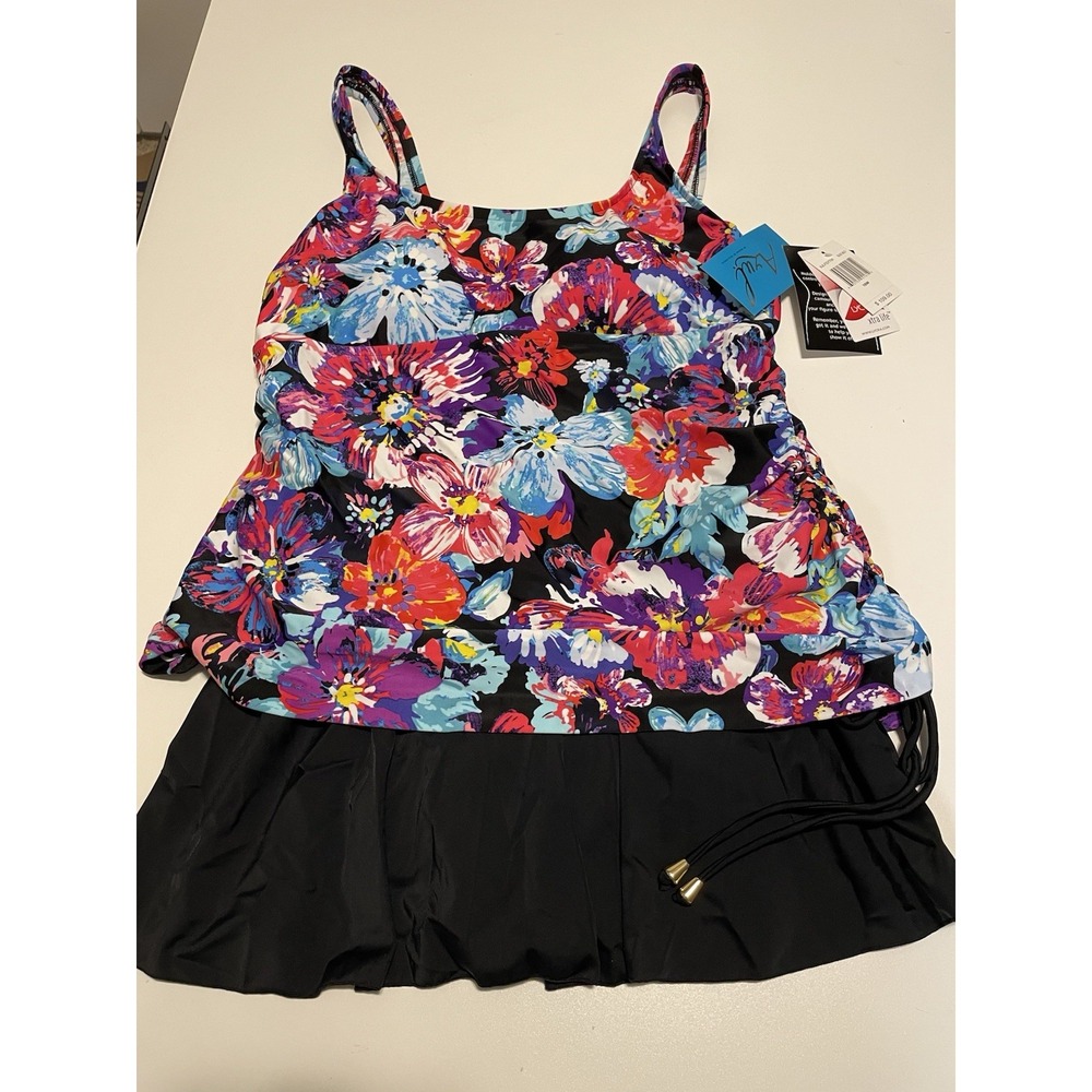 NWT Azul Floral  16W One Piece Swimsuit Skirted Tummy Control Plus Size